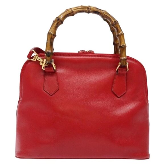 GUCCI Bamboo Hand Bag Leather 2way Red Gold Auth gh613 - Picture 3 of 16